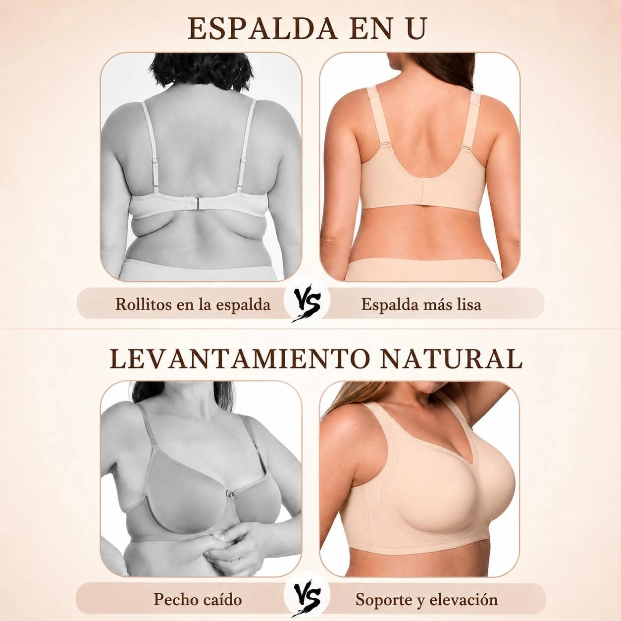 Comparación visual de espalda en U y soporte natural del brasier Lanomiz.