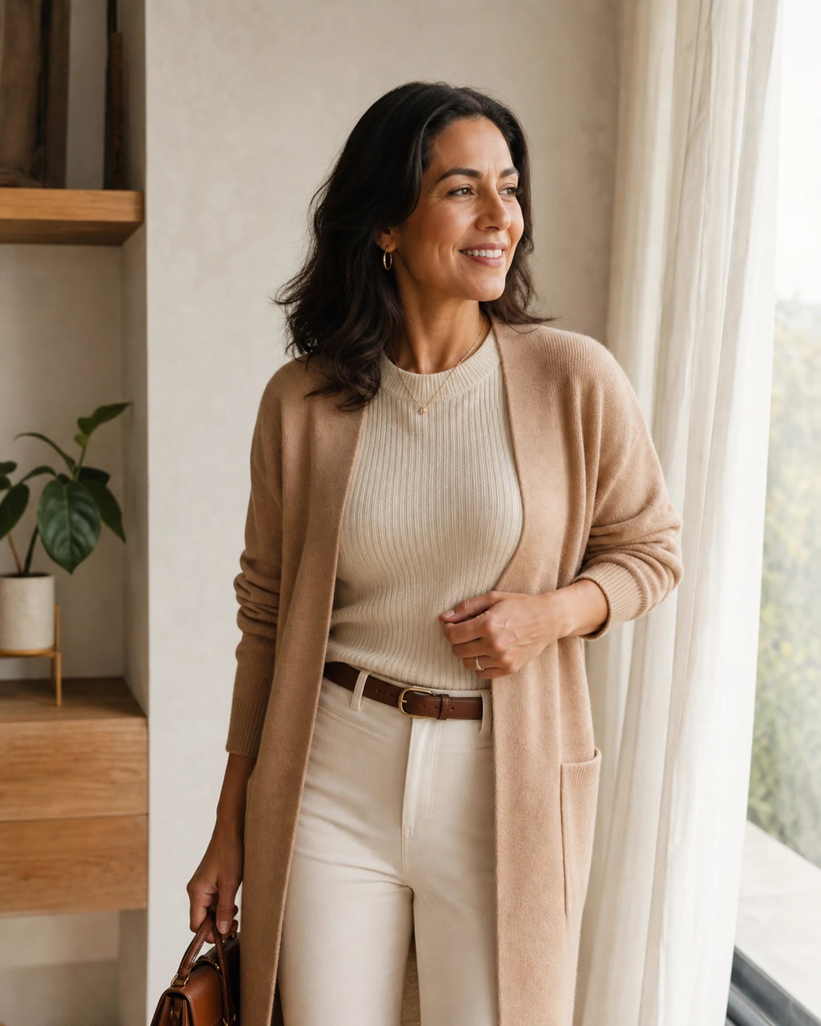 Mujer latina vestida en tonos crema junto a una ventana en un momento cotidiano.