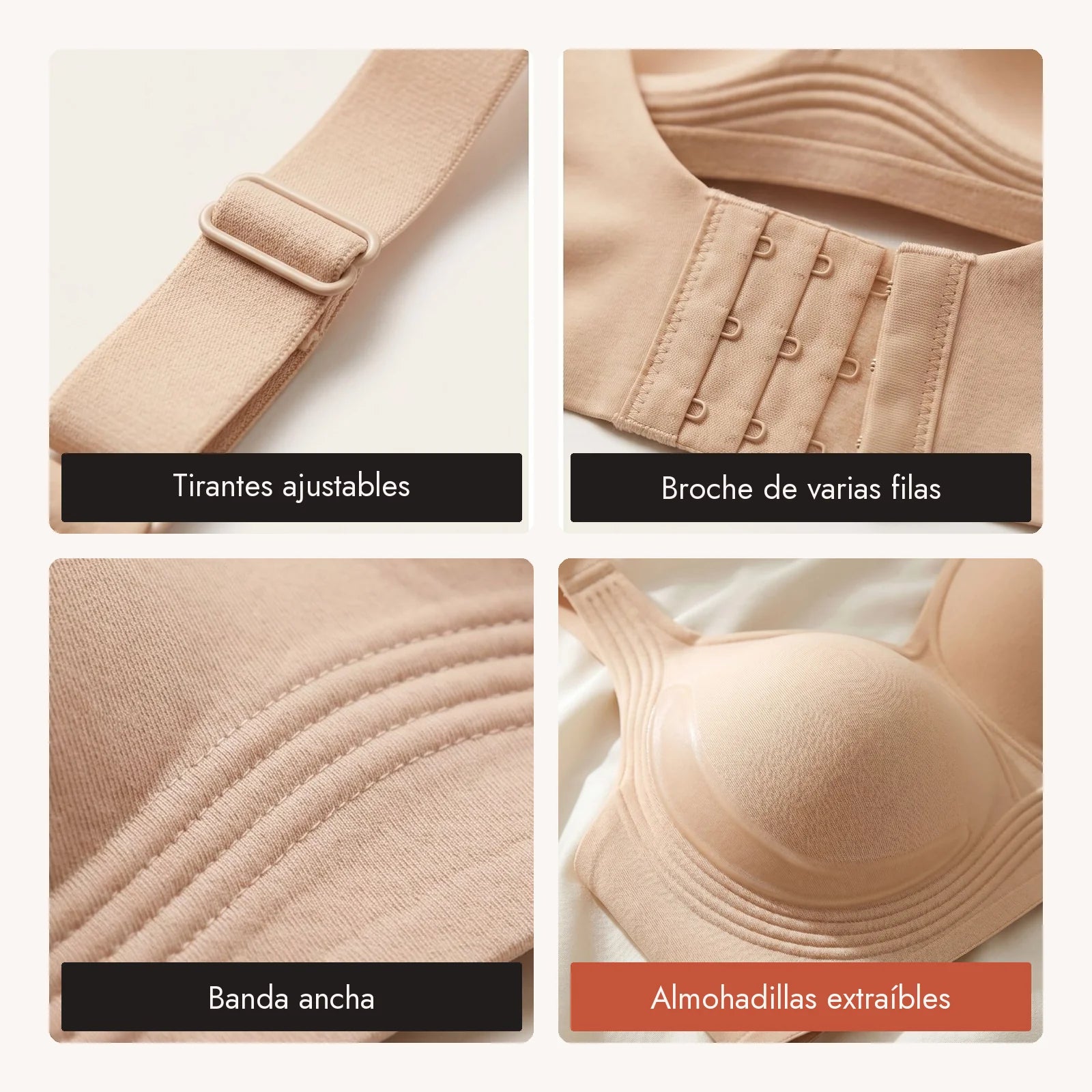 Detalles del brasier Lanomiz: tirantes, broche, banda ancha y almohadillas extraíbles.