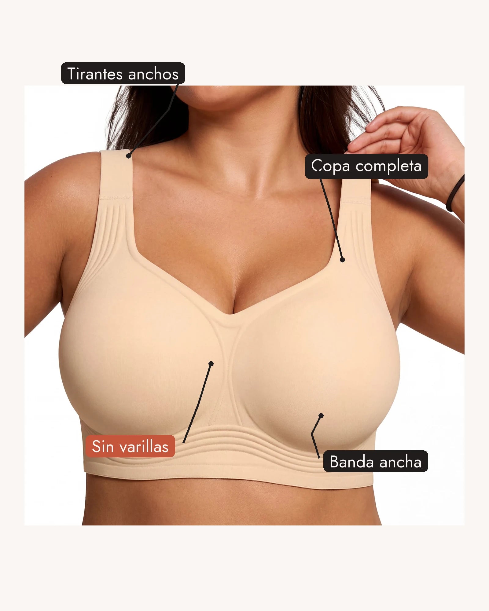Vista frontal del brasier Lanomiz color nude con señalamientos de tirantes anchos, copa completa, diseño sin varillas y banda ancha.