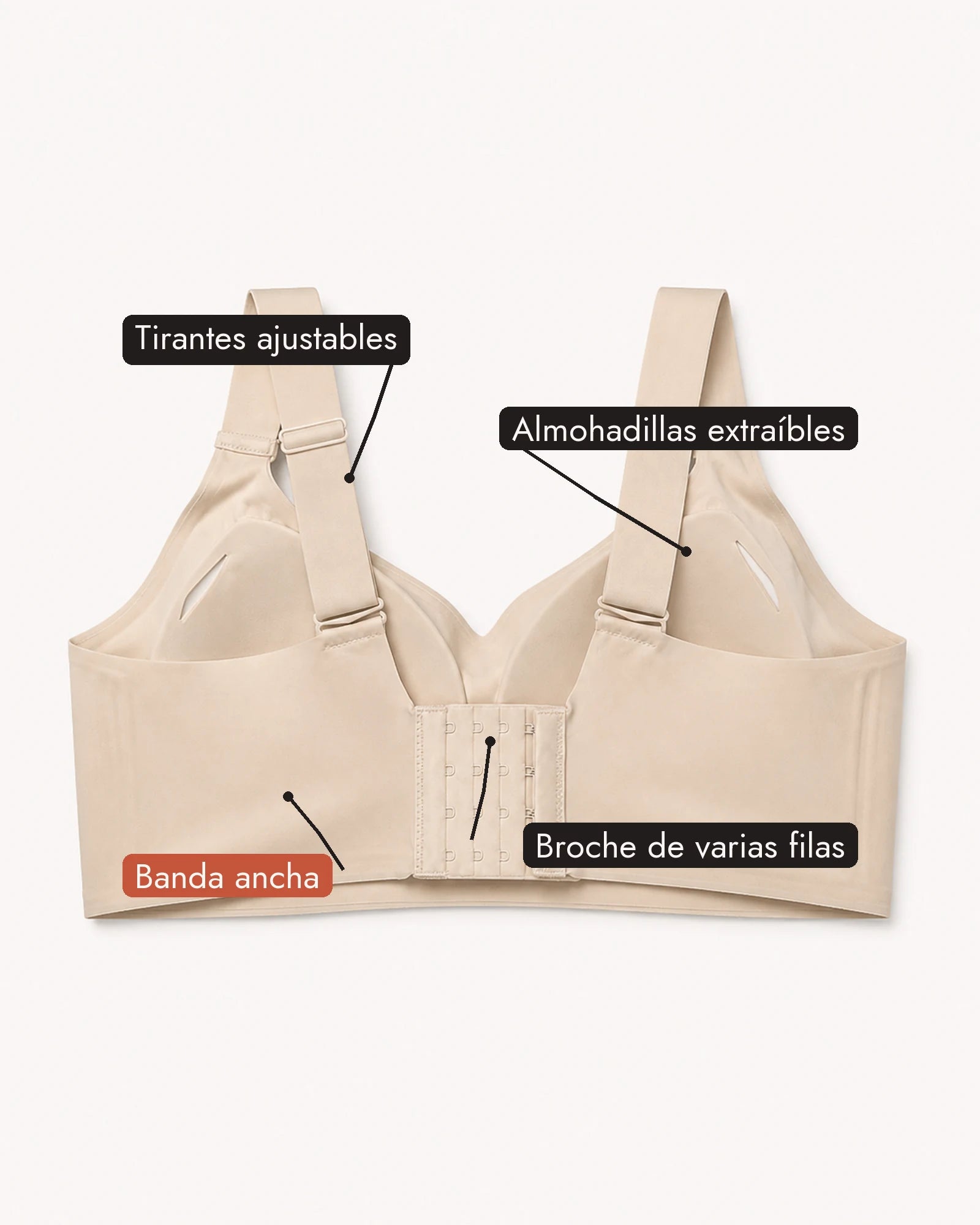Vista plana del interior del brasier Lanomiz color nude con señalamientos de tirantes ajustables, almohadillas extraíbles, broche de varias filas y banda ancha.