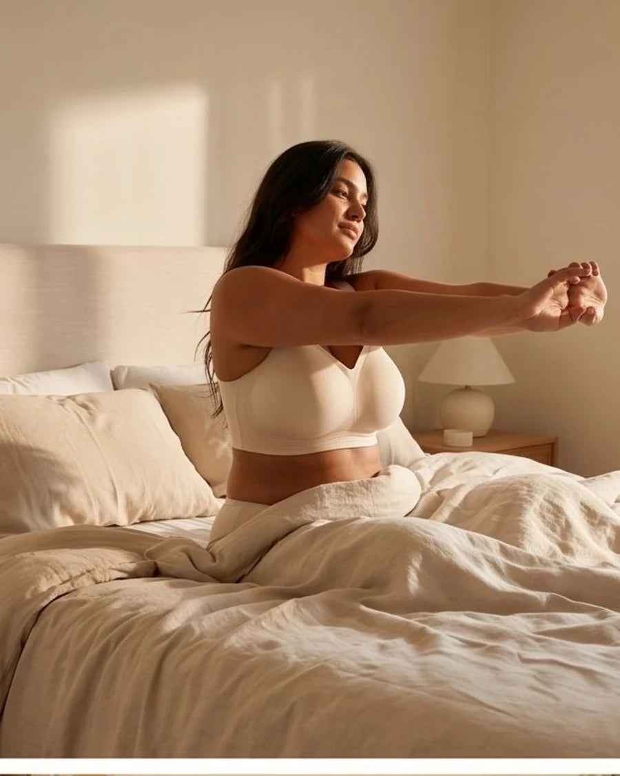 Mujer estirándose en la cama con brasier Lanomiz sin varillas.